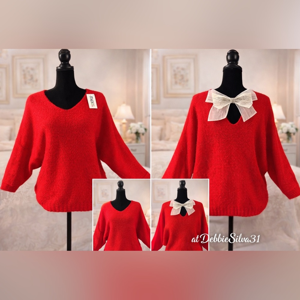 Vibrant Red Sweater with Elegant Cream Bow 🇮🇹 Made In Italy